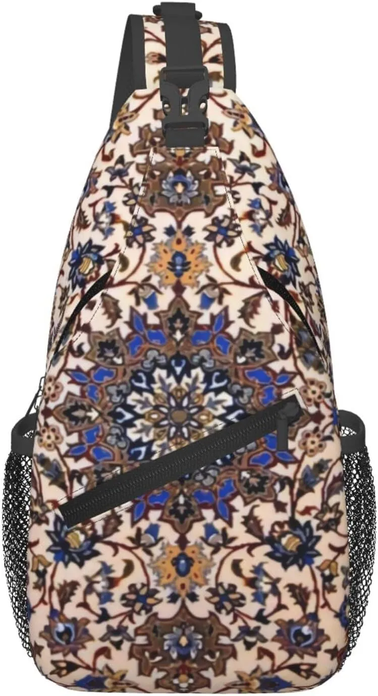 Antique Persian Pattern Blue Oriental Sling Bag Crossbody Sling Backpack For Women Men Travel Hiking Daypack Chest Shoulder Bag