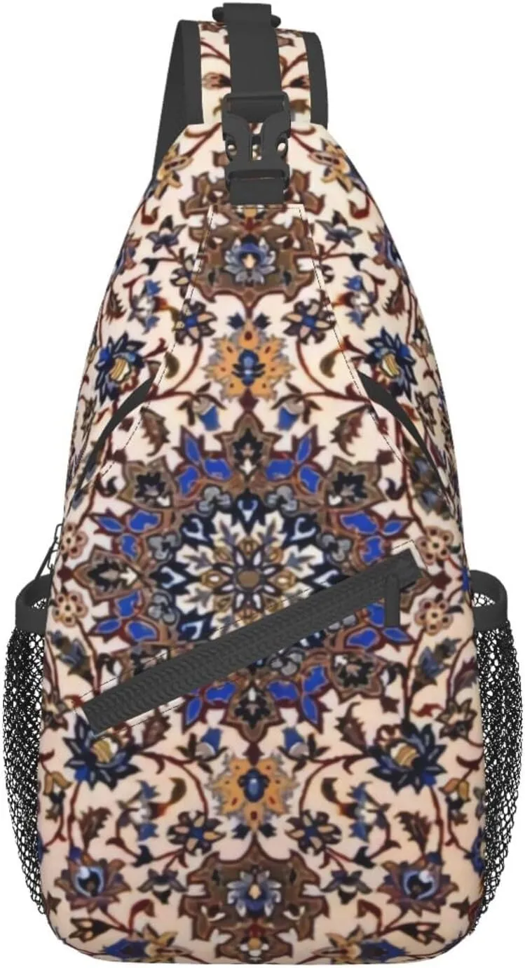 Antique Persian Pattern Blue Oriental Sling Bag Crossbody Sling Backpack For Women Men Travel Hiking Daypack Chest Shoulder Bag