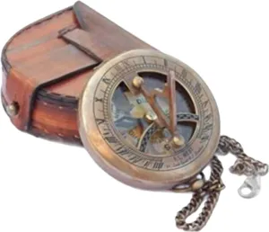 Antique Sundial Compass for Camping, Trekking, Traveling, Hiking Brass Push Button Sundial Compass with Leather Case Handmade Chain Compass by M/S Nautical Personalized