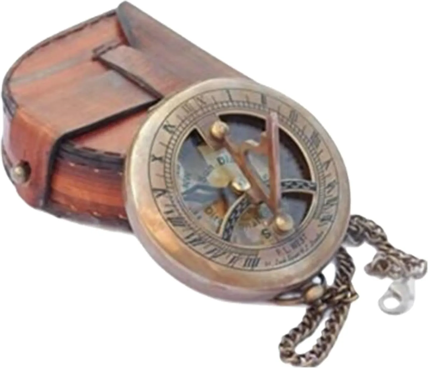Antique Sundial Compass for Camping, Trekking, Traveling, Hiking Brass Push Button Sundial Compass with Leather Case Handmade Chain Compass by M/S Nautical Personalized