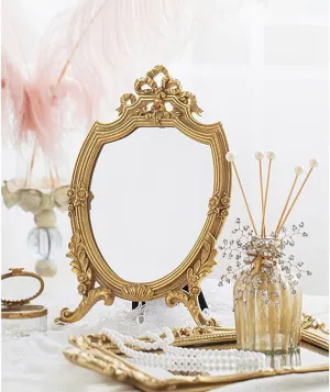 APLUSH French Retro Carved Vanity Mirror, Vintage Gold Standing Makeup Mirror, Antique Decorative Tabletop Makeup Mirror(Color:A)