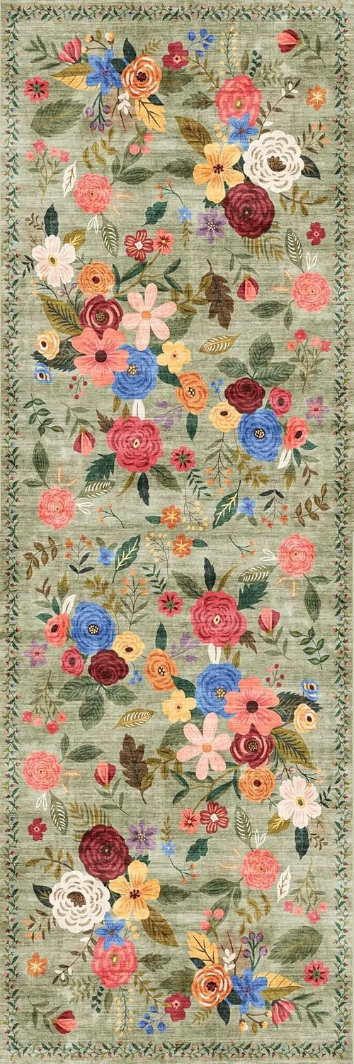 Area Rugs,Door Mat Indoor Entrance, 2x6 Washable Runner Rug Non Slip Soft Floral Carpet Runner for Hallways Kitchen Laundry Bedroom Bathroom(2 x 6, Green Lawn)
