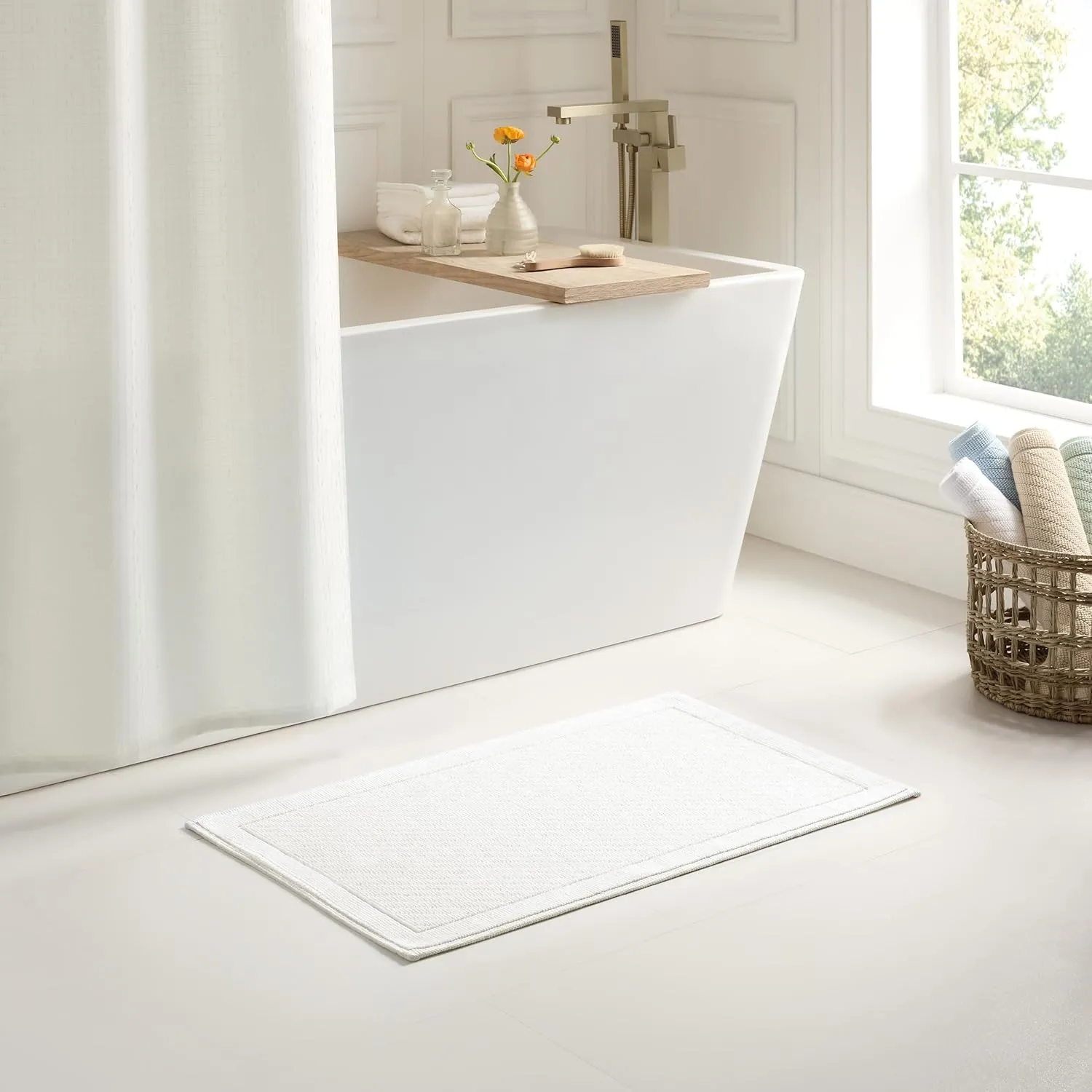 Arkwright 100% Cotton Bathroom Rug - High Absorbent Stylish Textured Woven Design Bath Mat, Slip Resistant Backing for Shower and Bathtub Floor, 24x36 in - Pearl White
