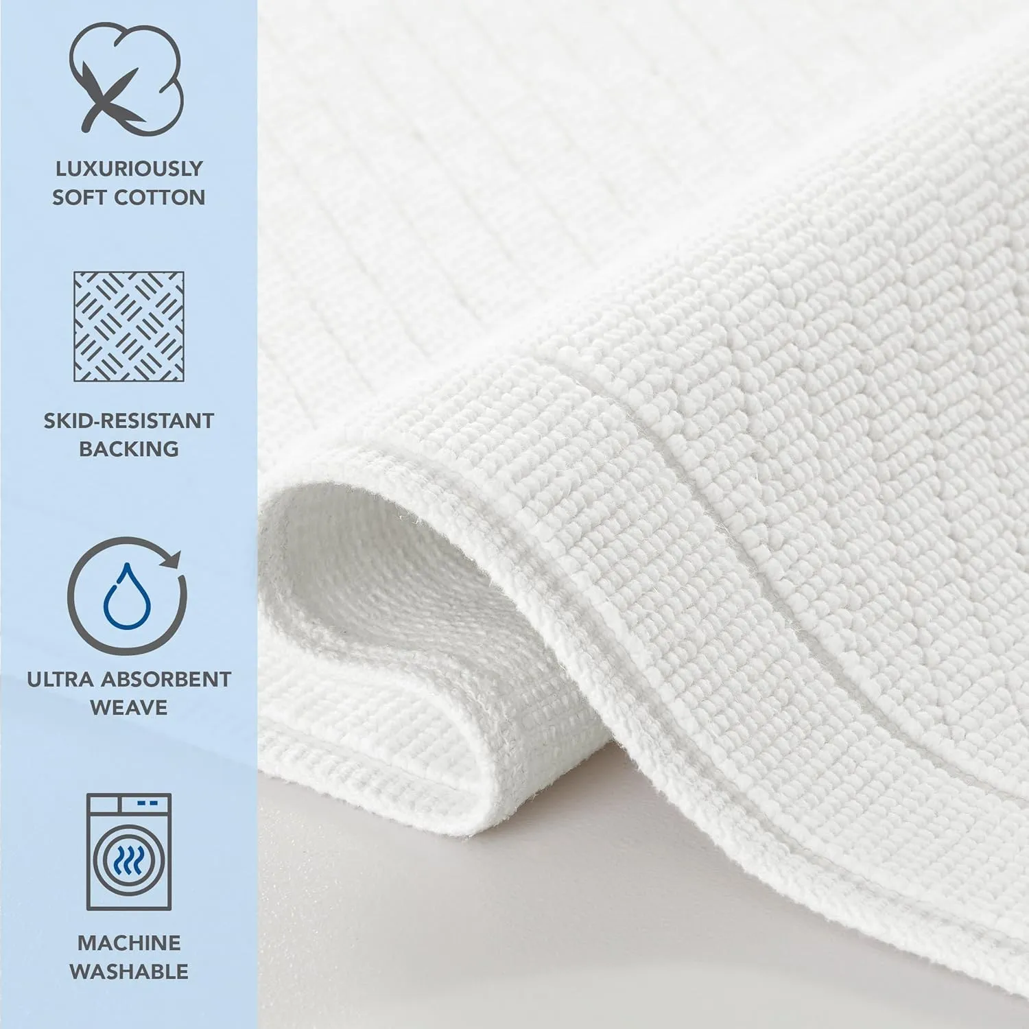 Arkwright 100% Cotton Bathroom Rug - High Absorbent Stylish Textured Woven Design Bath Mat, Slip Resistant Backing for Shower and Bathtub Floor, 24x36 in - Pearl White