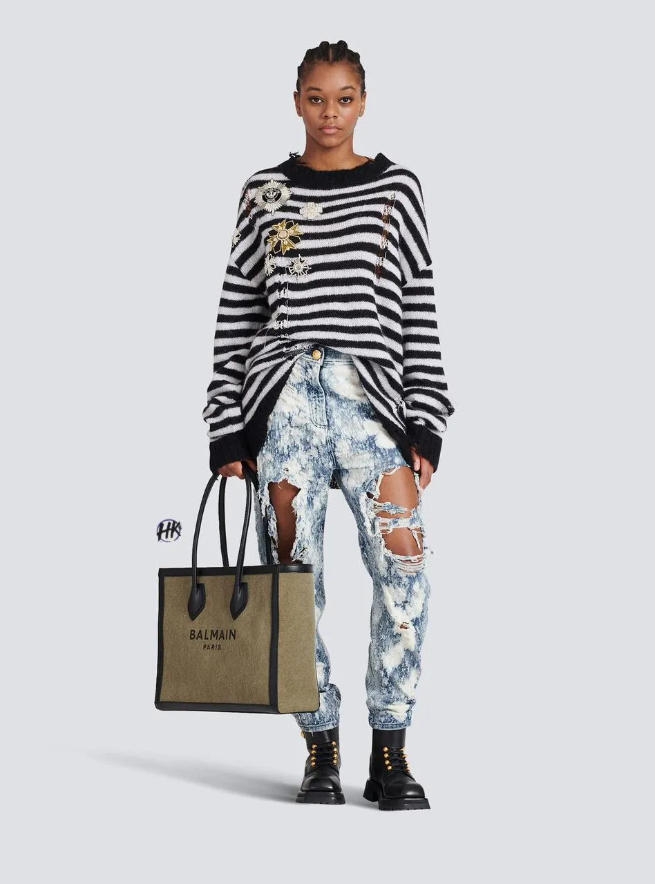 Army Leather Trimmed Canvas Tote Shoulder Handbag For Women