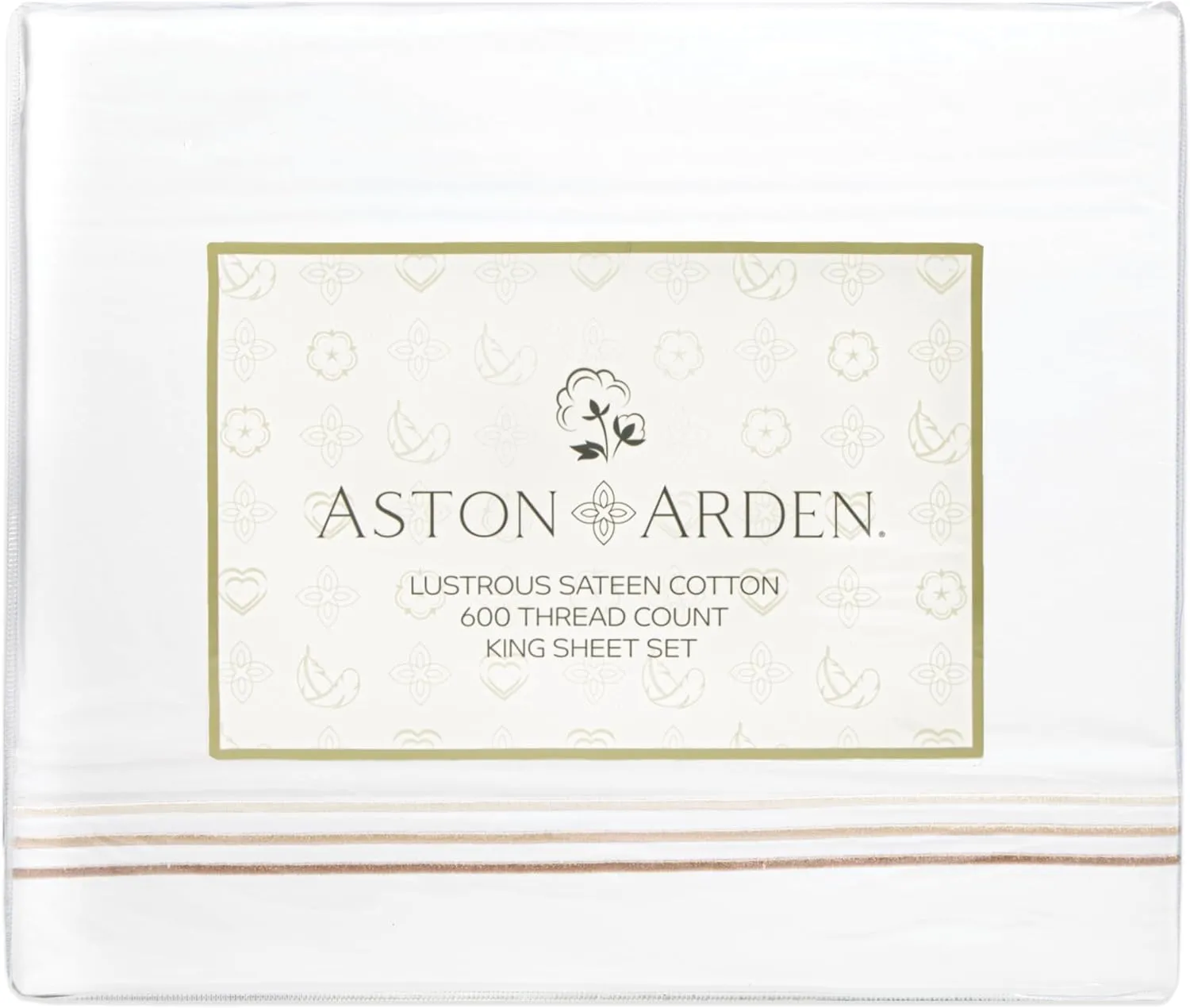 Aston & Arden Sateen Sheet Set - 100% Cotton 600 Thread Count Luxurious Hotel Silky Sheets, Pristine White with Fine Baratta Embroidered 3-Striped Hem, Wrinkle Resistant, Full, Fawn Beige