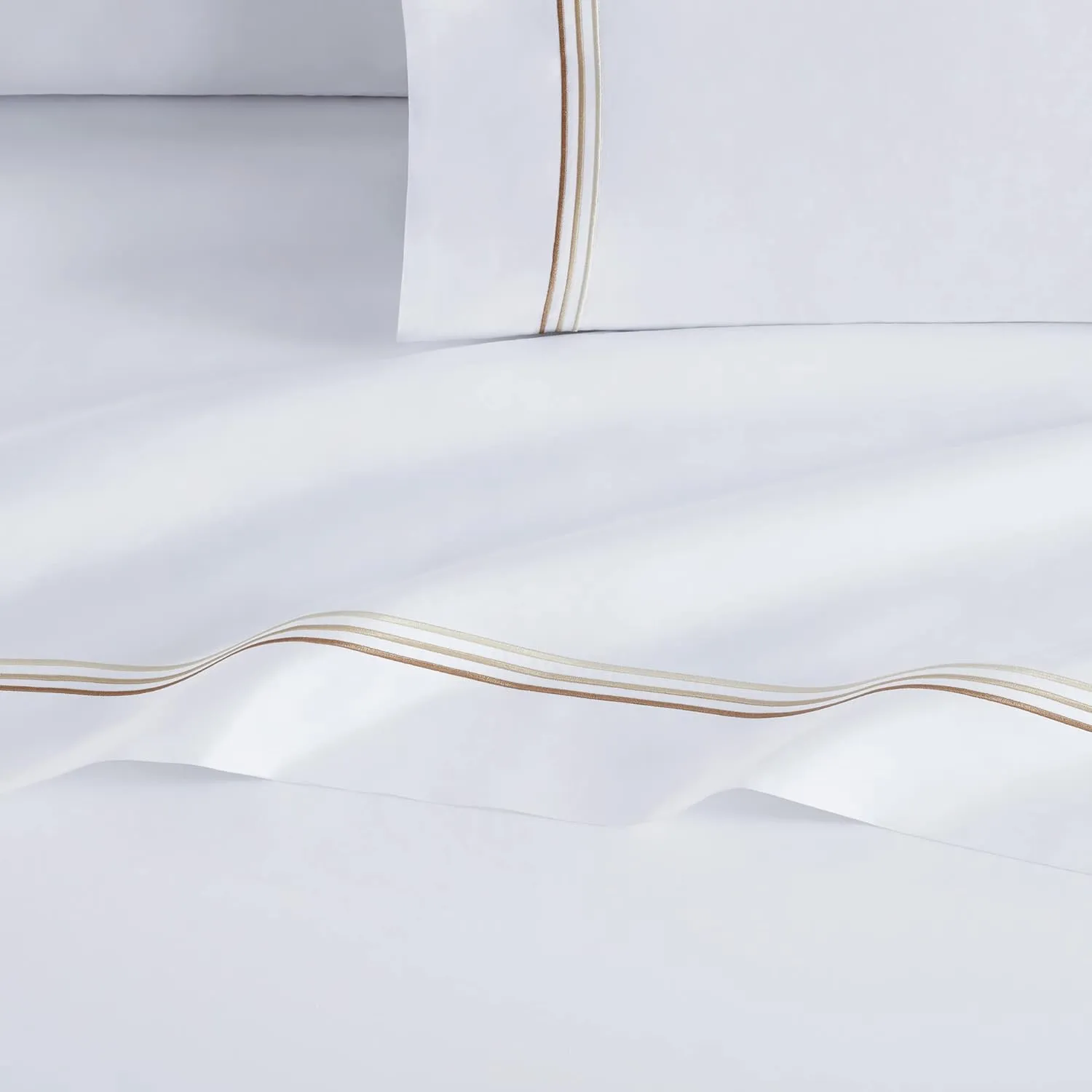 Aston & Arden Sateen Sheet Set - 100% Cotton 600 Thread Count Luxurious Hotel Silky Sheets, Pristine White with Fine Baratta Embroidered 3-Striped Hem, Wrinkle Resistant, Full, Fawn Beige