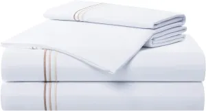Aston & Arden Sateen Sheet Set - 100% Cotton 600 Thread Count Luxurious Hotel Silky Sheets, Pristine White with Fine Baratta Embroidered 3-Striped Hem, Wrinkle Resistant, Full, Fawn Beige