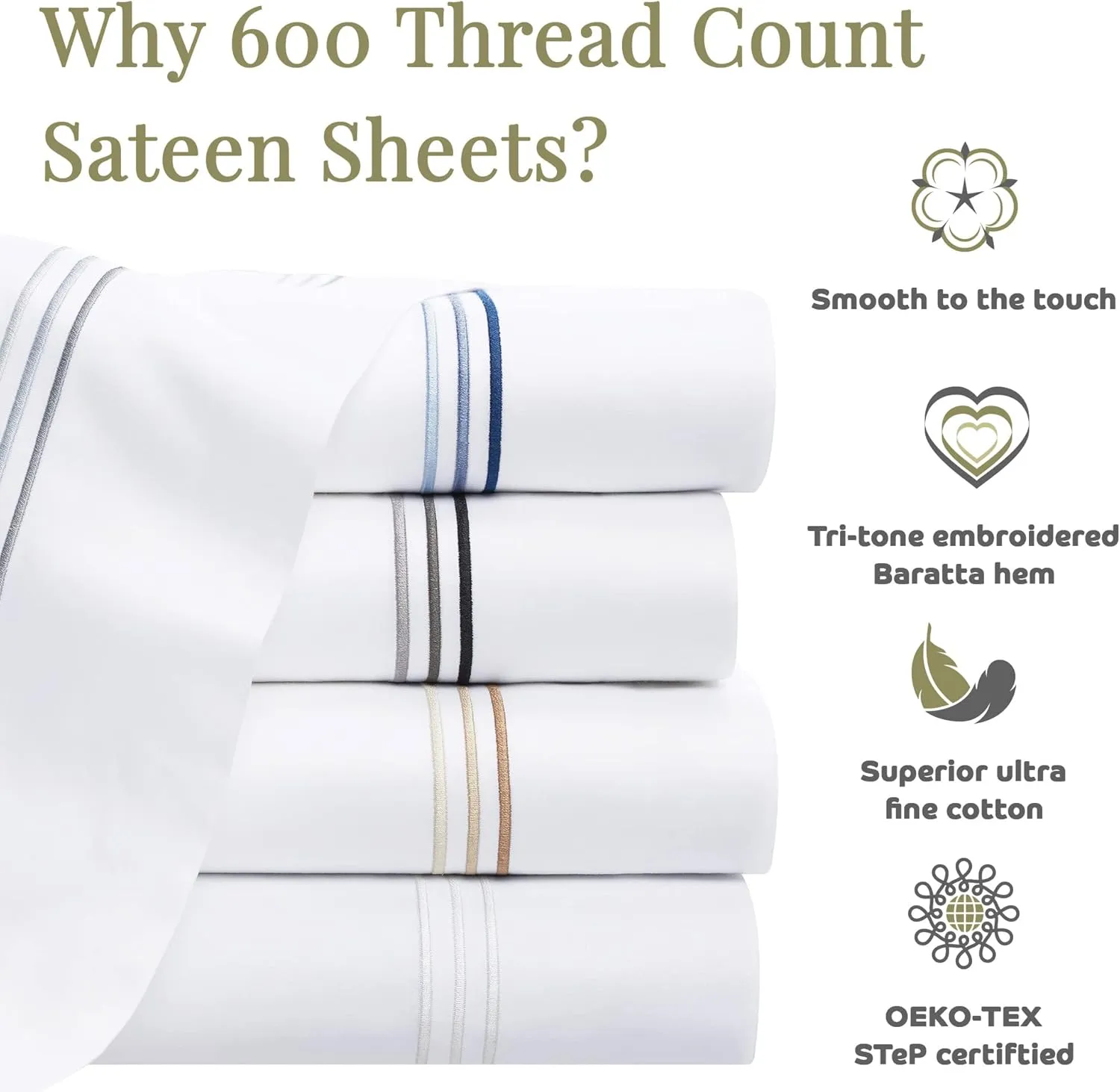 Aston & Arden Sateen Sheet Set - 100% Cotton 600 Thread Count Luxurious Hotel Silky Sheets, Pristine White with Fine Baratta Embroidered 3-Striped Hem, Wrinkle Resistant, Full, Fawn Beige