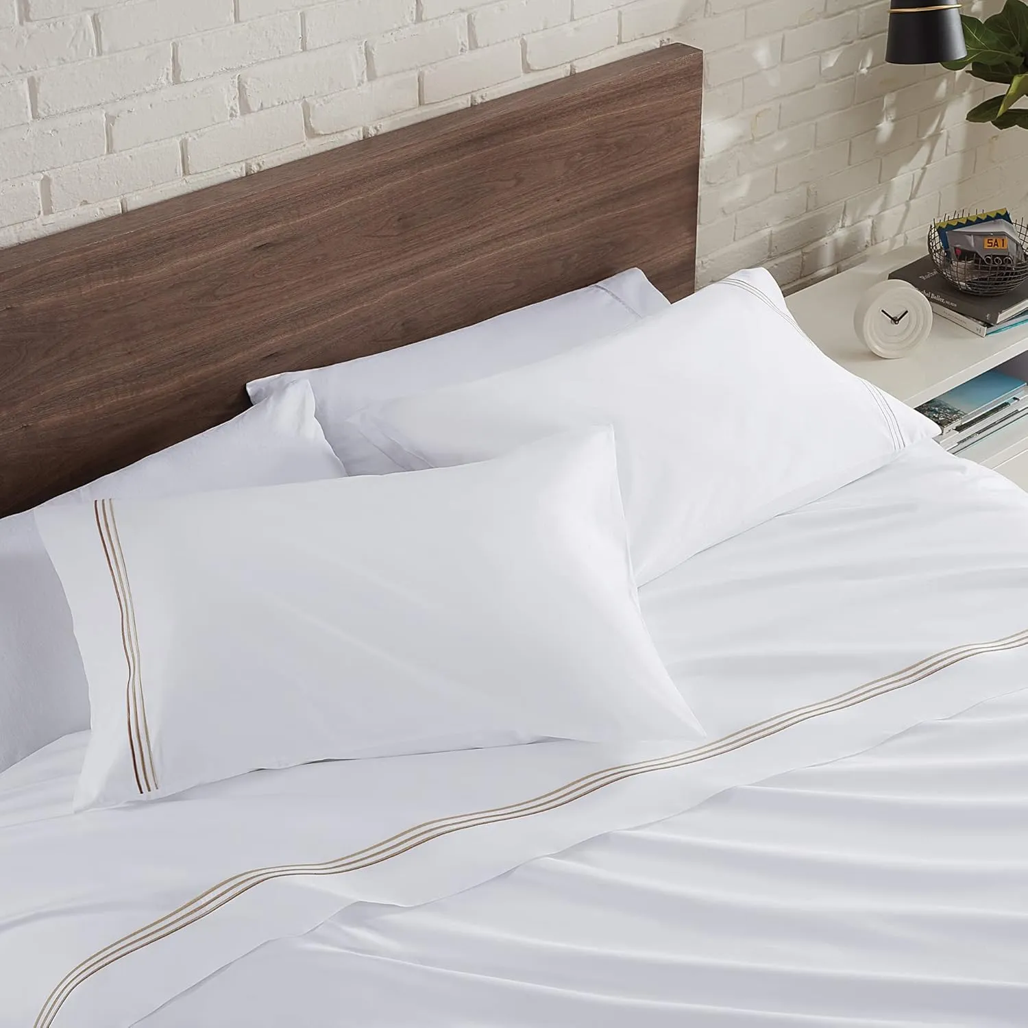 Aston & Arden Sateen Sheet Set - 100% Cotton 600 Thread Count Luxurious Hotel Silky Sheets, Pristine White with Fine Baratta Embroidered 3-Striped Hem, Wrinkle Resistant, Full, Fawn Beige