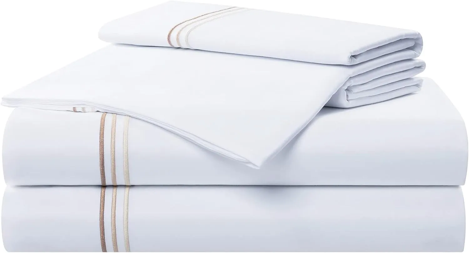 Aston & Arden Sateen Sheet Set - 100% Cotton 600 Thread Count Luxurious Hotel Silky Sheets, Pristine White with Fine Baratta Embroidered 3-Striped Hem, Wrinkle Resistant, Full, Fawn Beige
