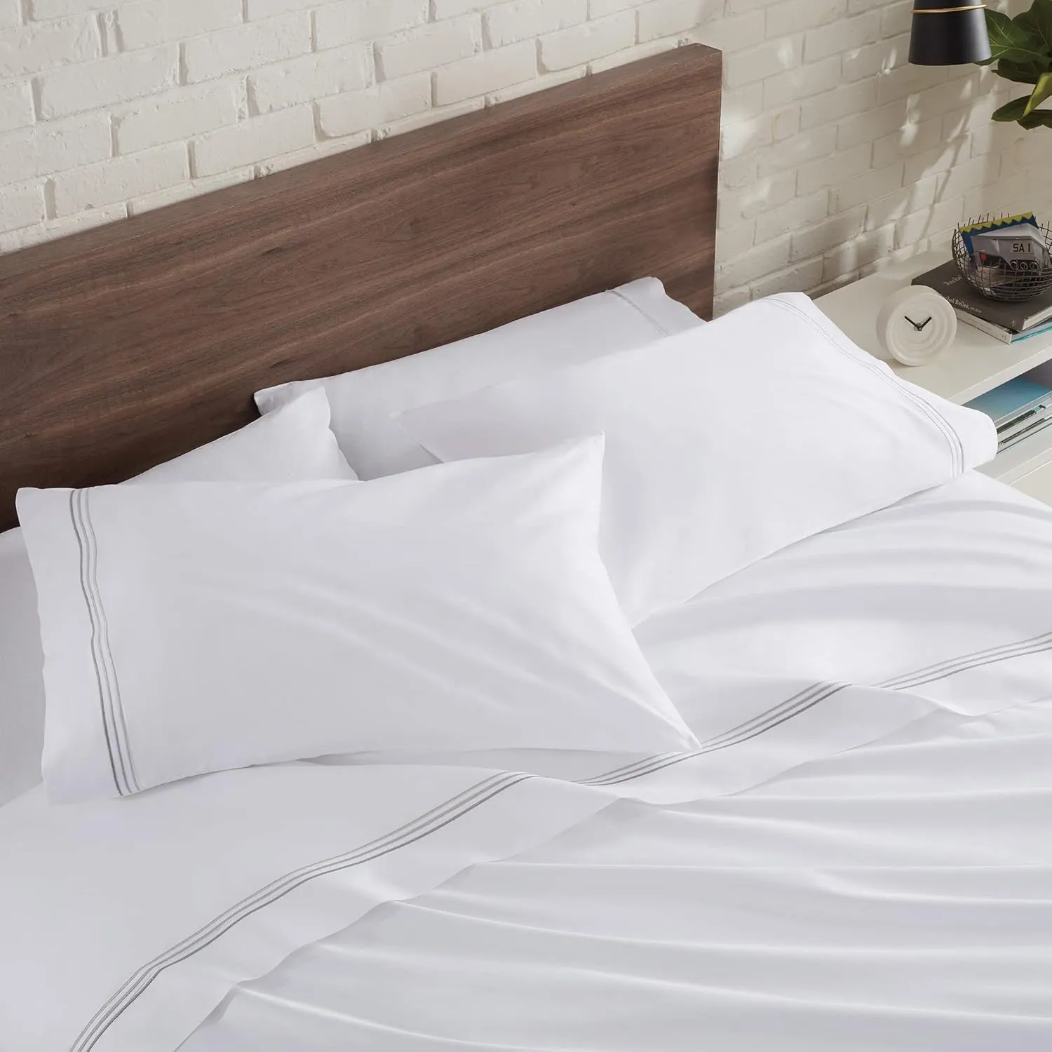 Aston & Arden Sateen Sheet Set - 100% Cotton 600 Thread Count Luxurious Hotel Silky Sheets, Pristine White with Fine Baratta Embroidered 3-Striped Hem, Wrinkle Resistant, Full, Stone Grey