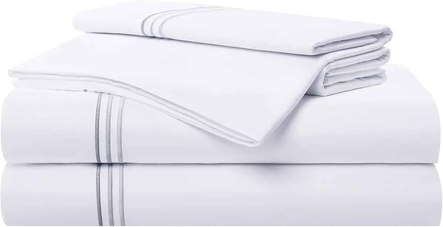 Aston & Arden Sateen Sheet Set - 100% Cotton 600 Thread Count Luxurious Hotel Silky Sheets, Pristine White with Fine Baratta Embroidered 3-Striped Hem, Wrinkle Resistant, Full, Stone Grey