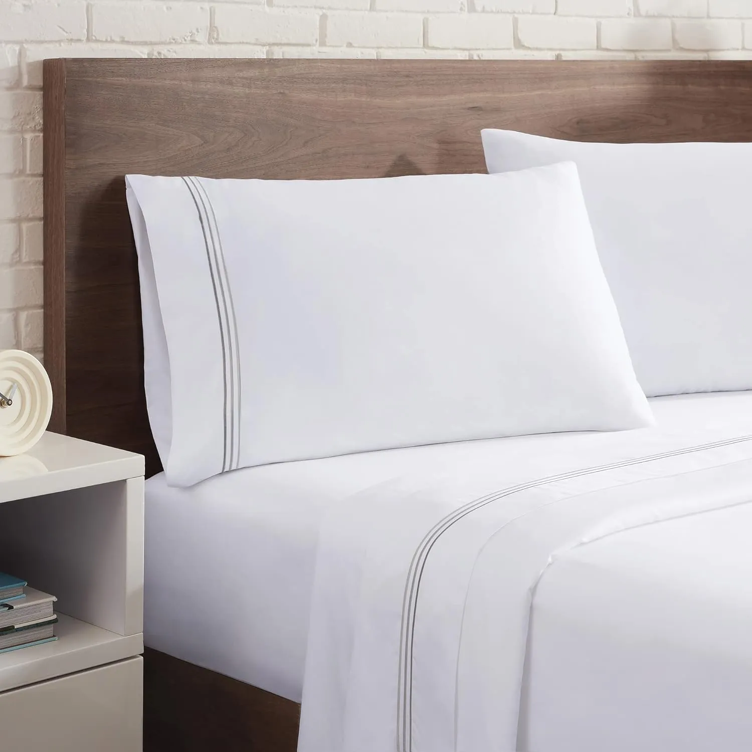 Aston & Arden Sateen Sheet Set - 100% Cotton 600 Thread Count Luxurious Hotel Silky Sheets, Pristine White with Fine Baratta Embroidered 3-Striped Hem, Wrinkle Resistant, Full, Stone Grey