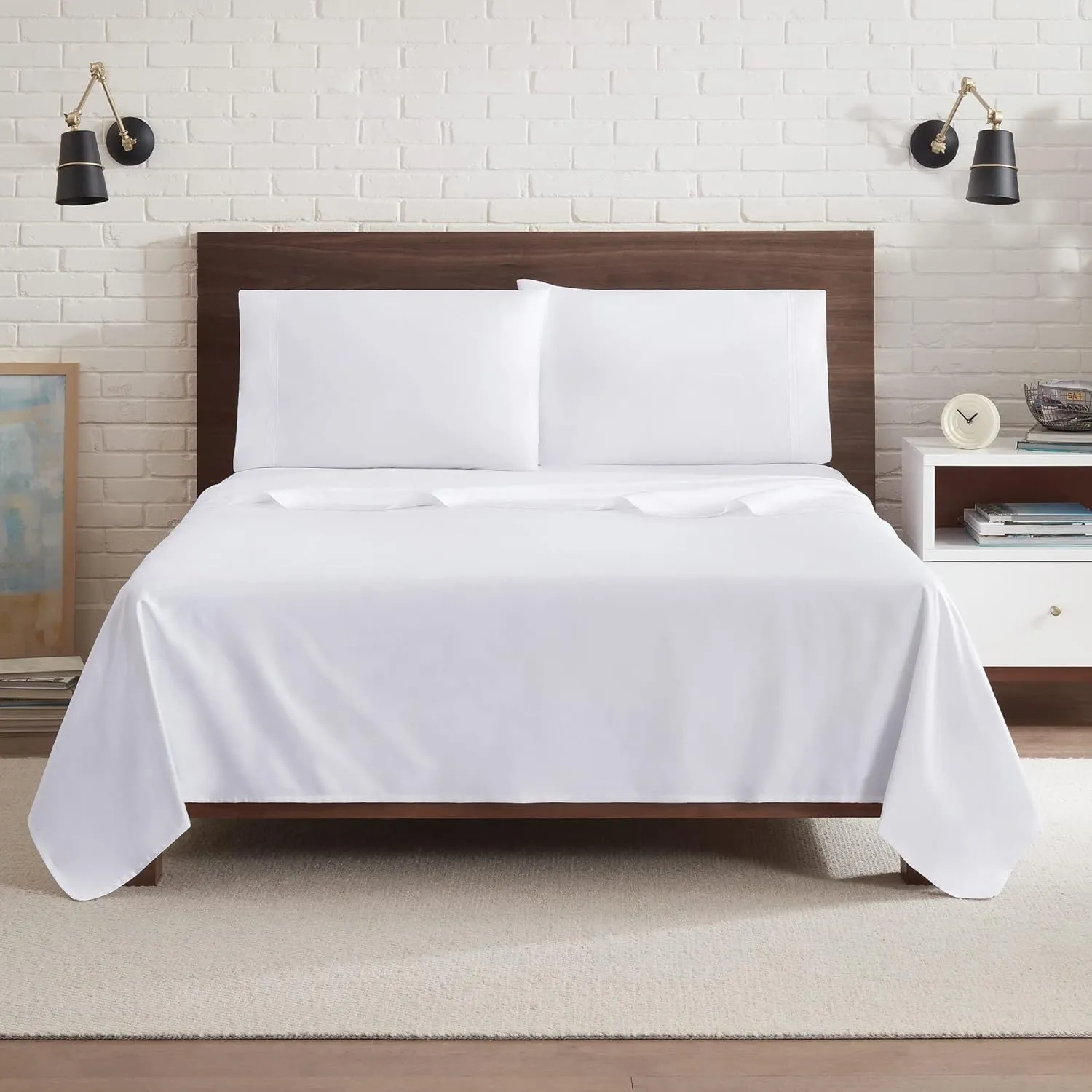Aston & Arden Sateen Sheet Set - 100% Cotton 600 Thread Count Luxurious Hotel Silky Sheets, Pristine White with Fine Baratta Embroidered 3-Striped Hem, Wrinkle Resistant, Full, Stone Grey
