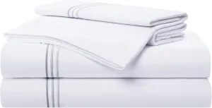 Aston & Arden Sateen Sheet Set - 100% Cotton 600 Thread Count Luxurious Hotel Silky Sheets, Pristine White with Fine Baratta Embroidered 3-Striped Hem, Wrinkle Resistant, Full, Stone Grey