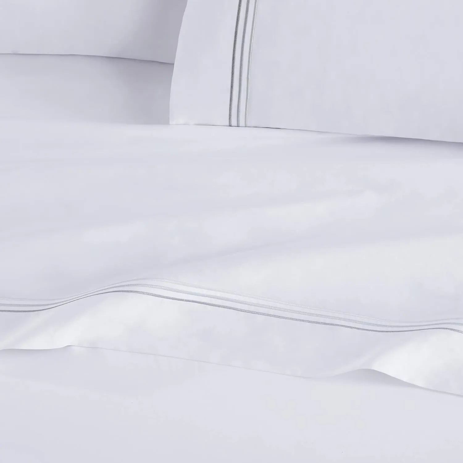 Aston & Arden Sateen Sheet Set - 100% Cotton 600 Thread Count Luxurious Hotel Silky Sheets, Pristine White with Fine Baratta Embroidered 3-Striped Hem, Wrinkle Resistant, Full, Stone Grey