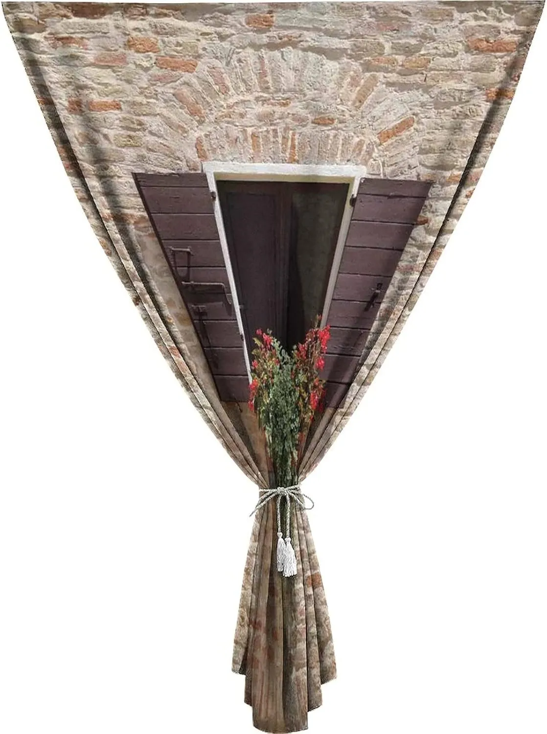Autohesion Curtains, Tuscan Window Curtain Panel, Antique Window on Ancient Stone Wall With Flowers Print Thermal Lnsulated Room Darkening Small Drapes,24W x40L Inches, for Children Kids Bedroom