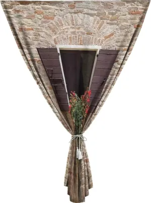 Autohesion Curtains, Tuscan Window Curtain Panel, Antique Window on Ancient Stone Wall With Flowers Print Thermal Lnsulated Room Darkening Small Drapes,24W x40L Inches, for Children Kids Bedroom