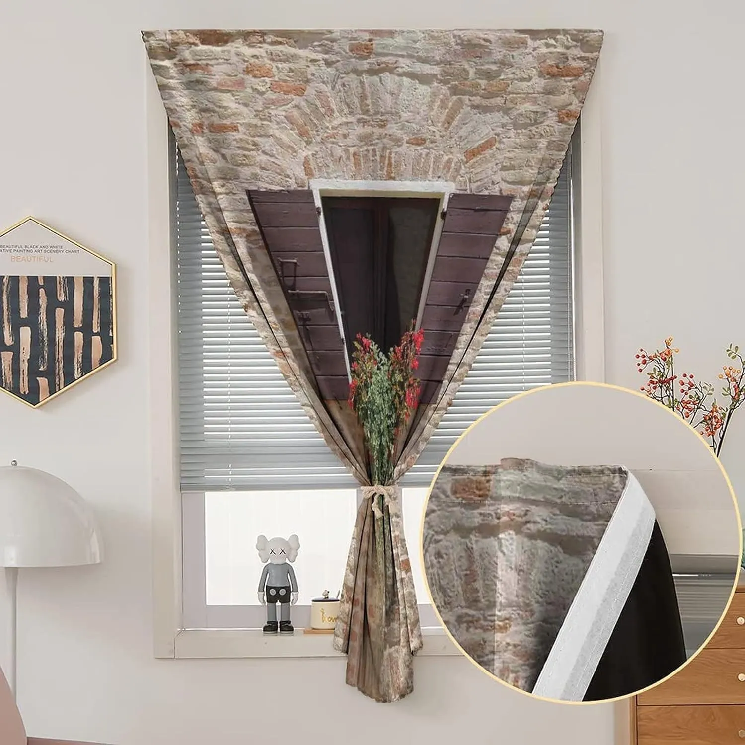 Autohesion Curtains, Tuscan Window Curtain Panel, Antique Window on Ancient Stone Wall With Flowers Print Thermal Lnsulated Room Darkening Small Drapes,24W x40L Inches, for Children Kids Bedroom