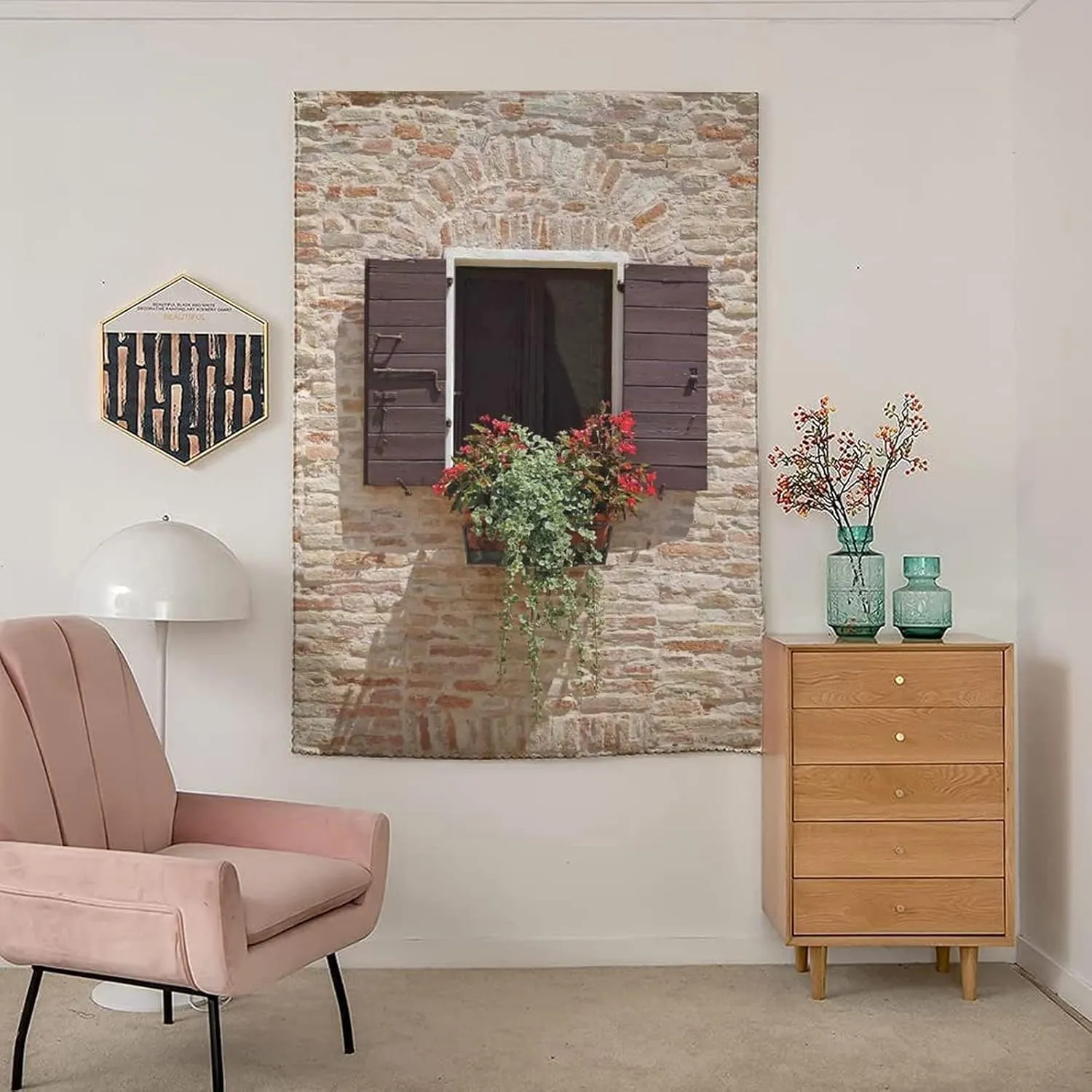 Autohesion Curtains, Tuscan Window Curtain Panel, Antique Window on Ancient Stone Wall With Flowers Print Thermal Lnsulated Room Darkening Small Drapes,24W x40L Inches, for Children Kids Bedroom