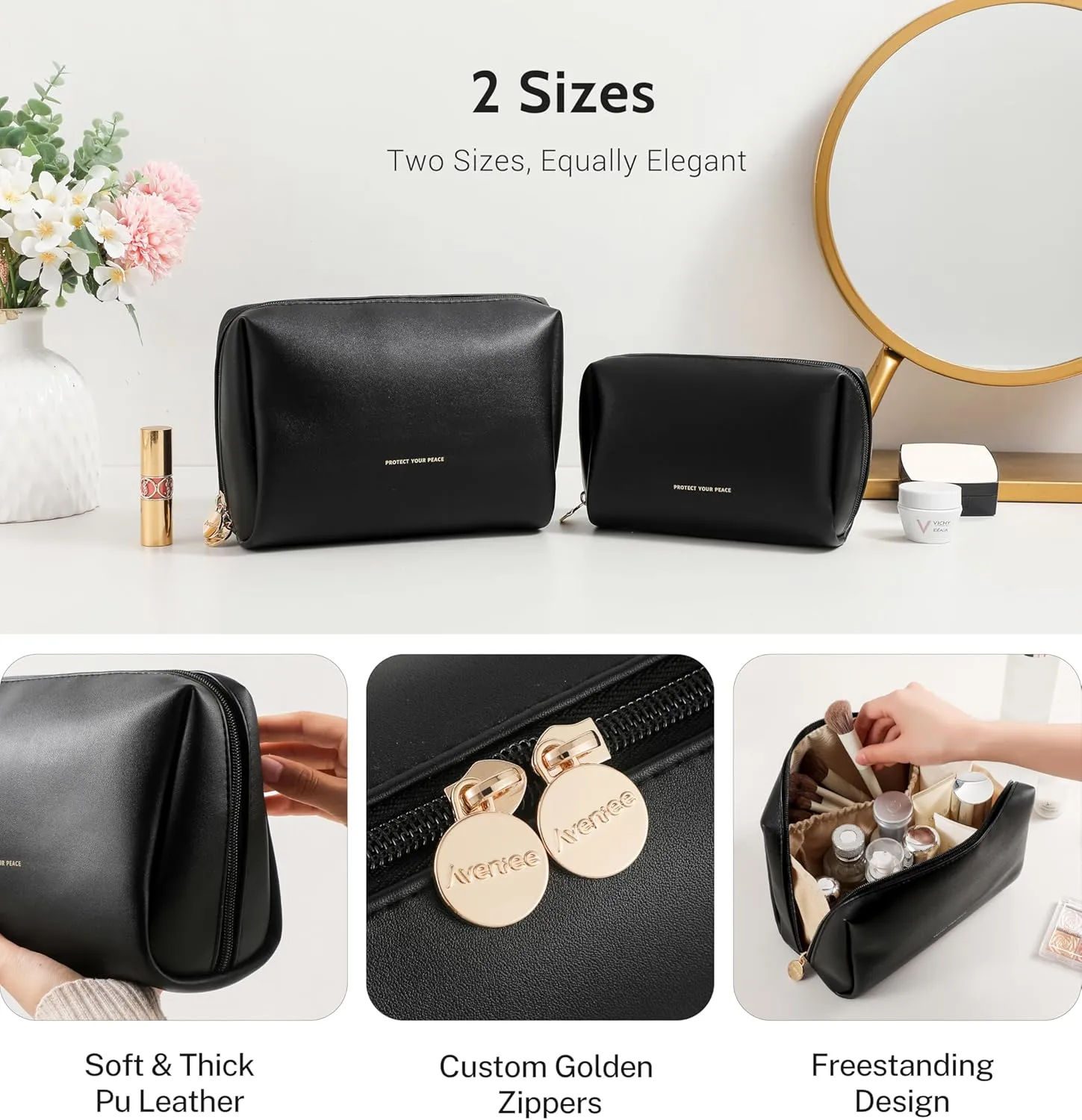 Aveniee Travel Makeup Bag Pouch, Large Toiletry Bag for Women, Vegan Leather Cosmetic Pouches Make Up Bag for Travel Essentials Brushes, Bag Purse Organizer with Divider and Dual Zippers(Black)