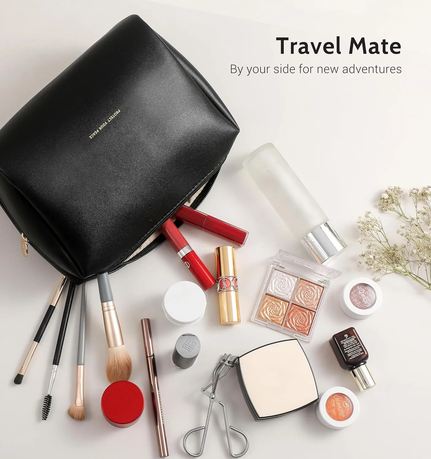 Aveniee Travel Makeup Bag Pouch, Large Toiletry Bag for Women, Vegan Leather Cosmetic Pouches Make Up Bag for Travel Essentials Brushes, Bag Purse Organizer with Divider and Dual Zippers(Black)