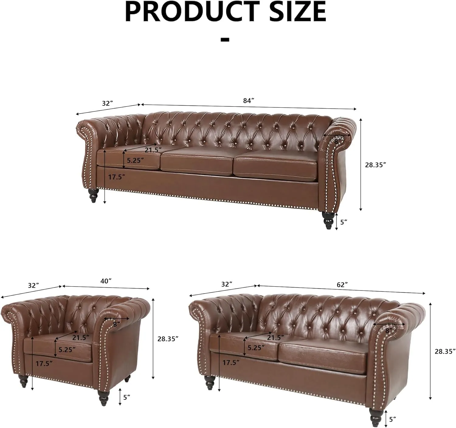 AVZEAR Chesterfield Leather Sofa 3 Seater Couch, Mid-Century Large Sofa Roll Arm Classic Tufted Settee Modern PU Sofa with Channel Tufted Seat Back for Living Room, Office, Apartment, PU Brown