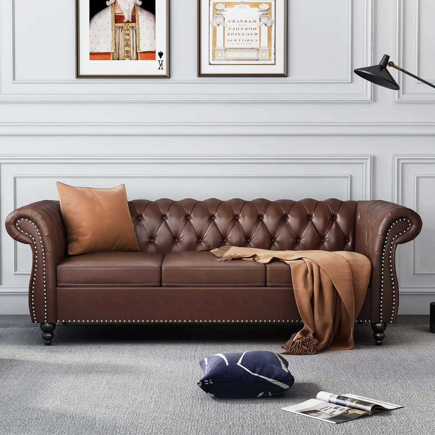 AVZEAR Chesterfield Leather Sofa 3 Seater Couch, Mid-Century Large Sofa Roll Arm Classic Tufted Settee Modern PU Sofa with Channel Tufted Seat Back for Living Room, Office, Apartment, PU Brown