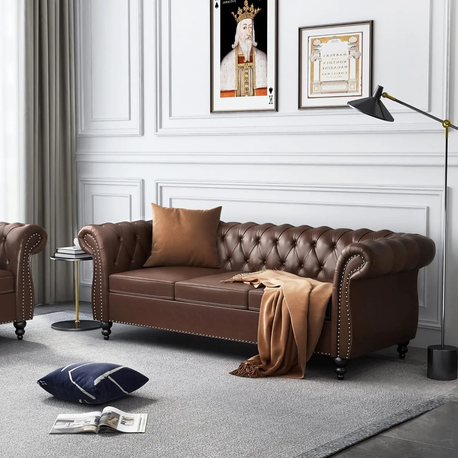 AVZEAR Chesterfield Leather Sofa 3 Seater Couch, Mid-Century Large Sofa Roll Arm Classic Tufted Settee Modern PU Sofa with Channel Tufted Seat Back for Living Room, Office, Apartment, PU Brown