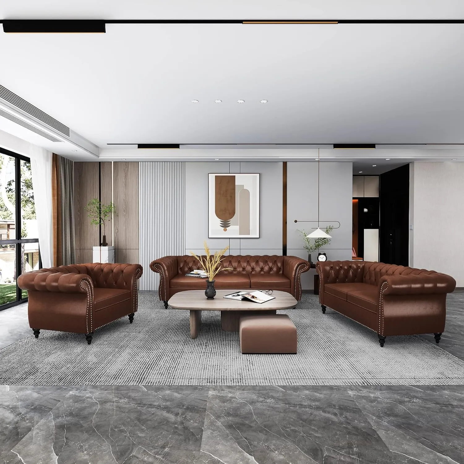 AVZEAR Chesterfield Leather Sofa 3 Seater Couch, Mid-Century Large Sofa Roll Arm Classic Tufted Settee Modern PU Sofa with Channel Tufted Seat Back for Living Room, Office, Apartment, PU Brown