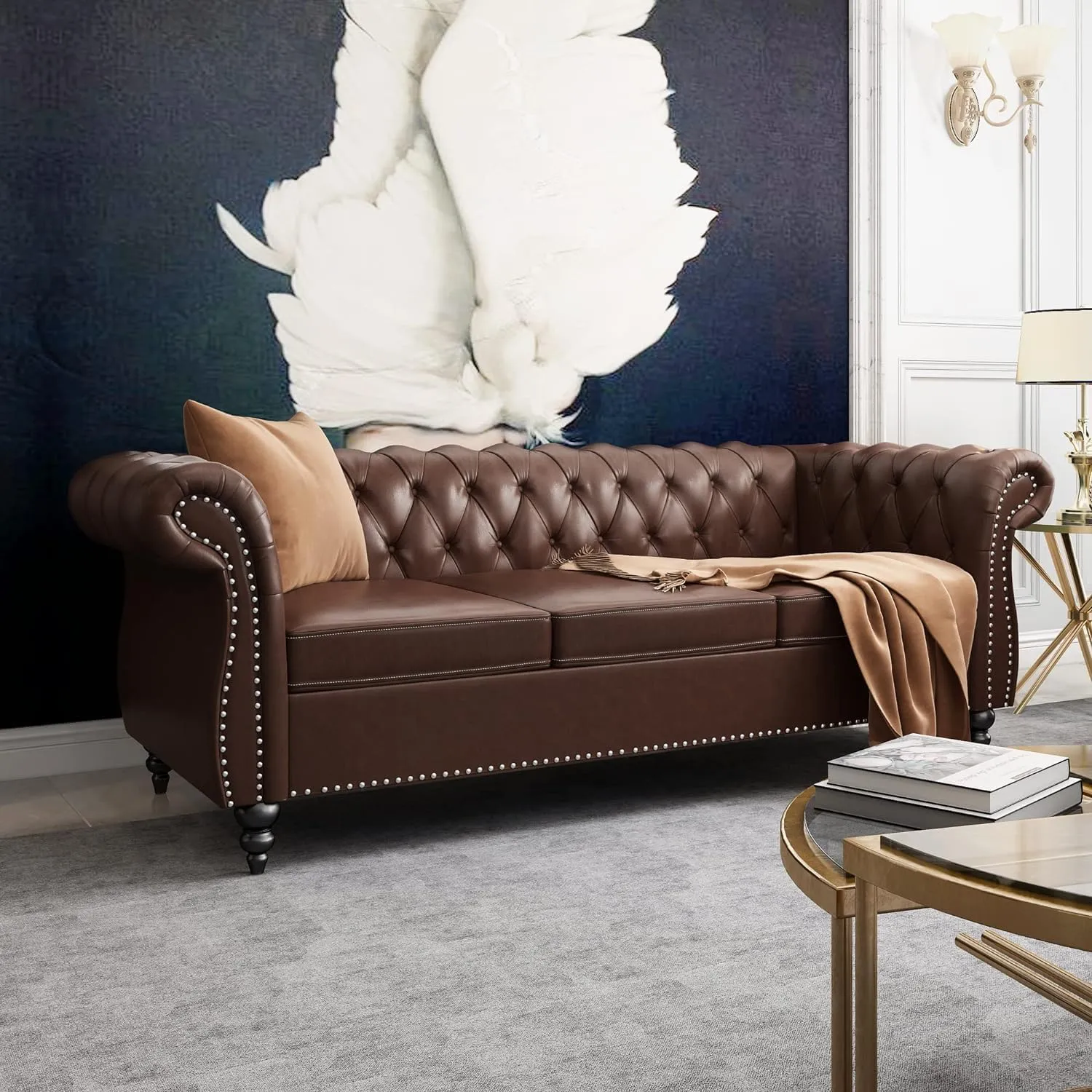AVZEAR Chesterfield Leather Sofa 3 Seater Couch, Mid-Century Large Sofa Roll Arm Classic Tufted Settee Modern PU Sofa with Channel Tufted Seat Back for Living Room, Office, Apartment, PU Brown