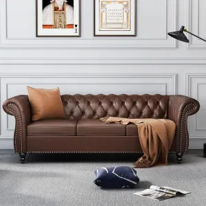 AVZEAR Chesterfield Leather Sofa 3 Seater Couch, Mid-Century Large Sofa Roll Arm Classic Tufted Settee Modern PU Sofa with Channel Tufted Seat Back for Living Room, Office, Apartment, PU Brown