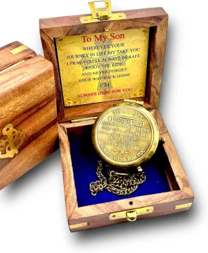 AYAKA To My Son Engraved Compass with Wooden Case Brown Antique Finish | Inspirational Gift for Son from Mom/Dad | Birthday, Graduation, or Special Occasion Keepsake