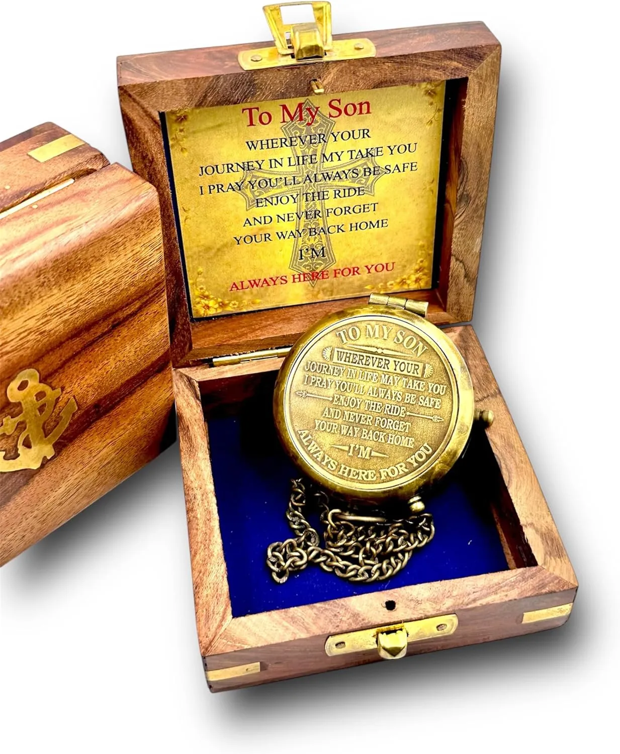 AYAKA To My Son Engraved Compass with Wooden Case Brown Antique Finish | Inspirational Gift for Son from Mom/Dad | Birthday, Graduation, or Special Occasion Keepsake