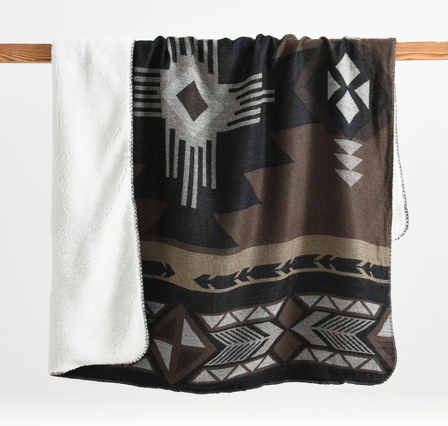 Aztec Patterned Throw Blanket with Soft Sherpa Lining, Traditional Southwestern Navajo with Cross Pattern Warm Throw for Camping, Outdoor, Light Weight Cozy Boho Blanket for Couch, Bed, 60”x80”, Brown