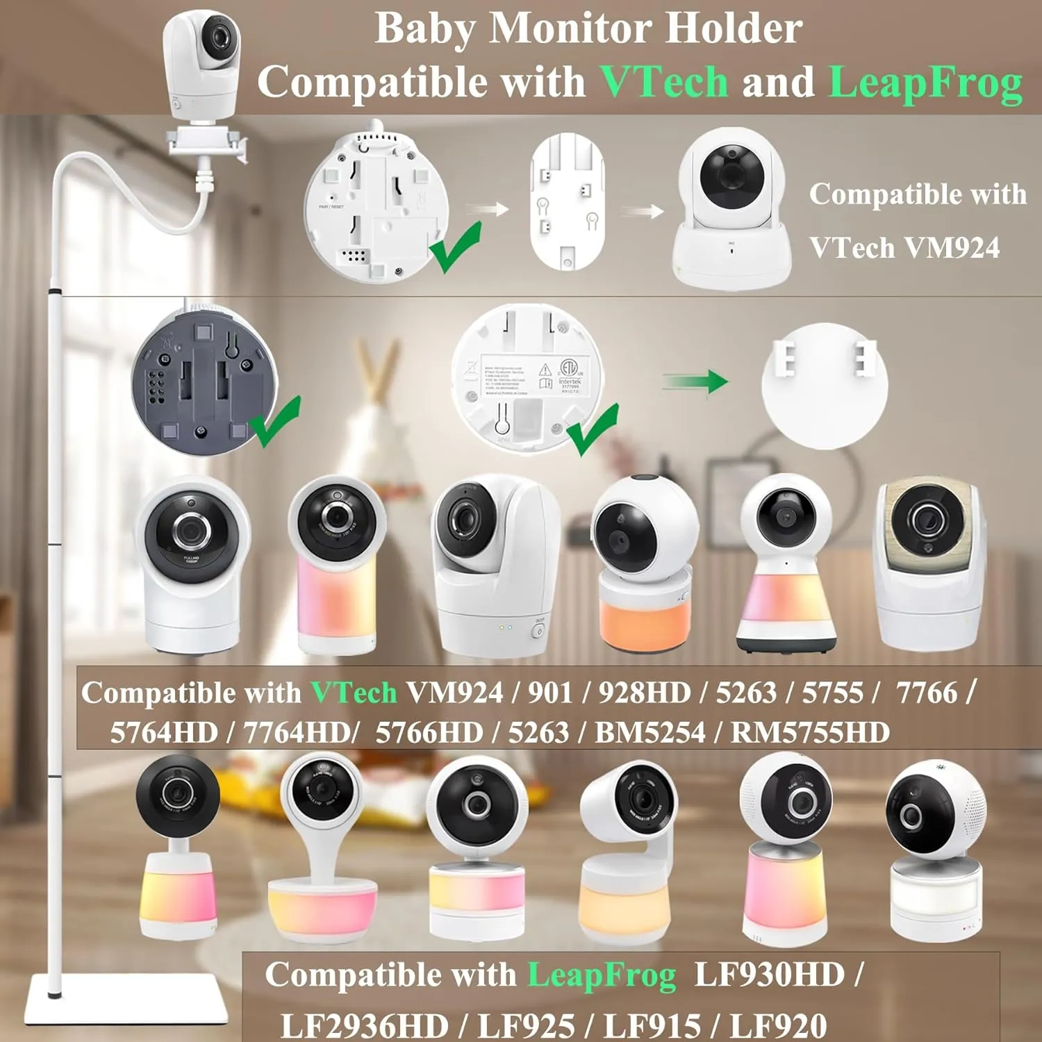 Baby Monitor Camera Floor Stand Holder Mount Compatible with VTech/HelloBaby/ Nanit Pro/I/Momcozy/iFamily/OKAIDI/Blemil /Motorola/Leapfrog /nooie IPC100/Infant Optics/ANMEATE/ Flexible Holder Stand