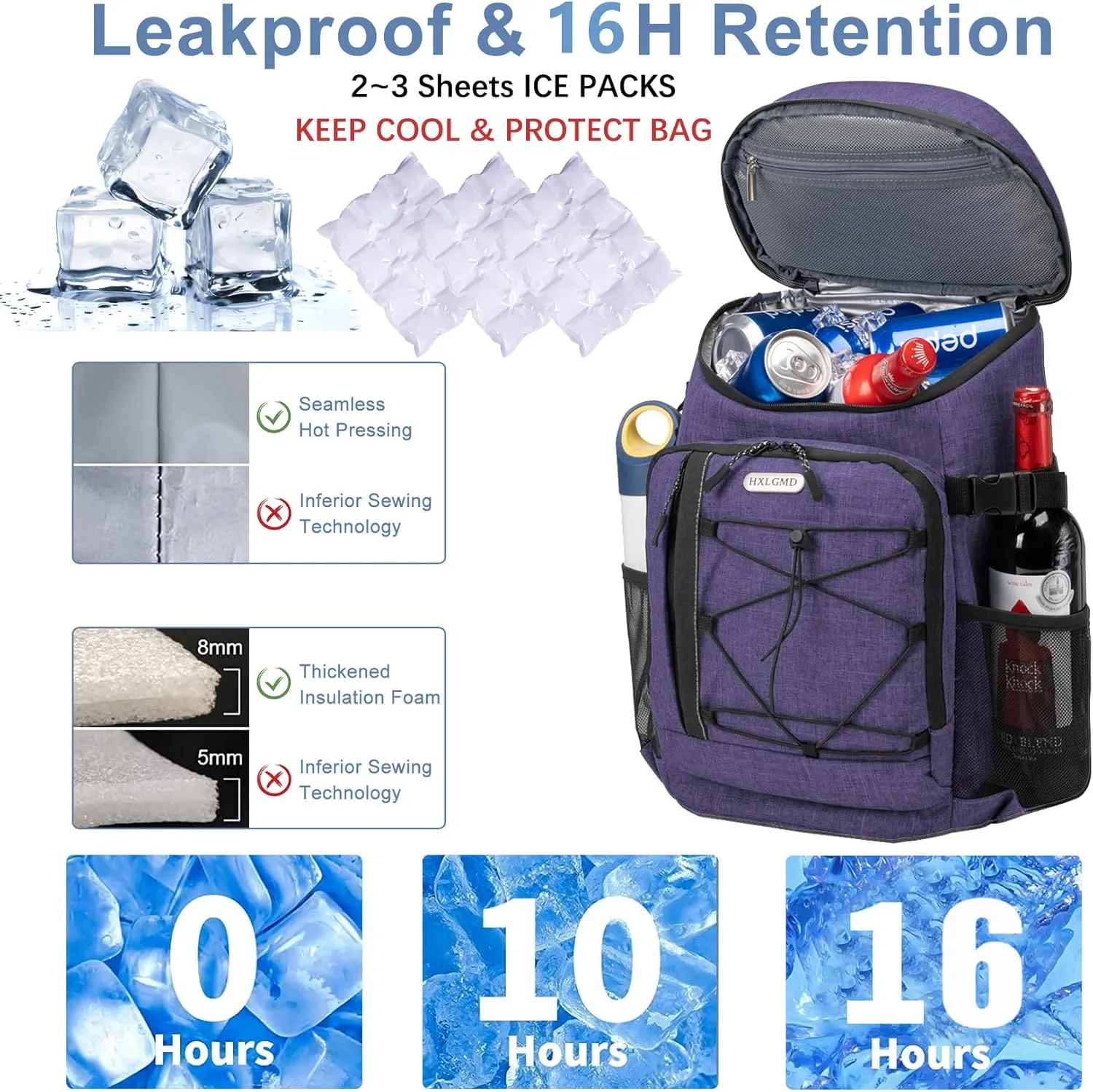 Backpack Coolers Insulated Leak Proof 30 Cans, Soft Sided Insulated Cooler Bags Ice Chest Backpack for Beach Travel Camping, with Reusable Ice Packs