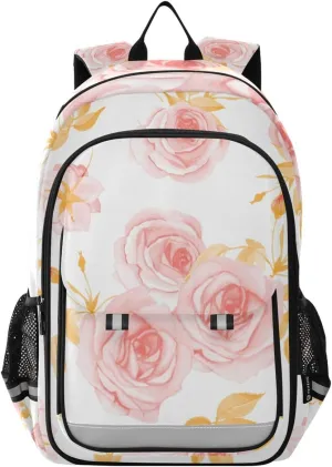 Backpack Daypack Rose Branches Leaves Flower Floral Pink Gold Garden Shoulder Bag Rucksack Knapsack