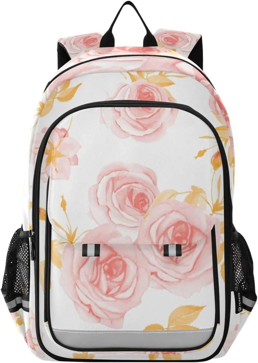 Backpack Daypack Rose Branches Leaves Flower Floral Pink Gold Garden Shoulder Bag Rucksack Knapsack