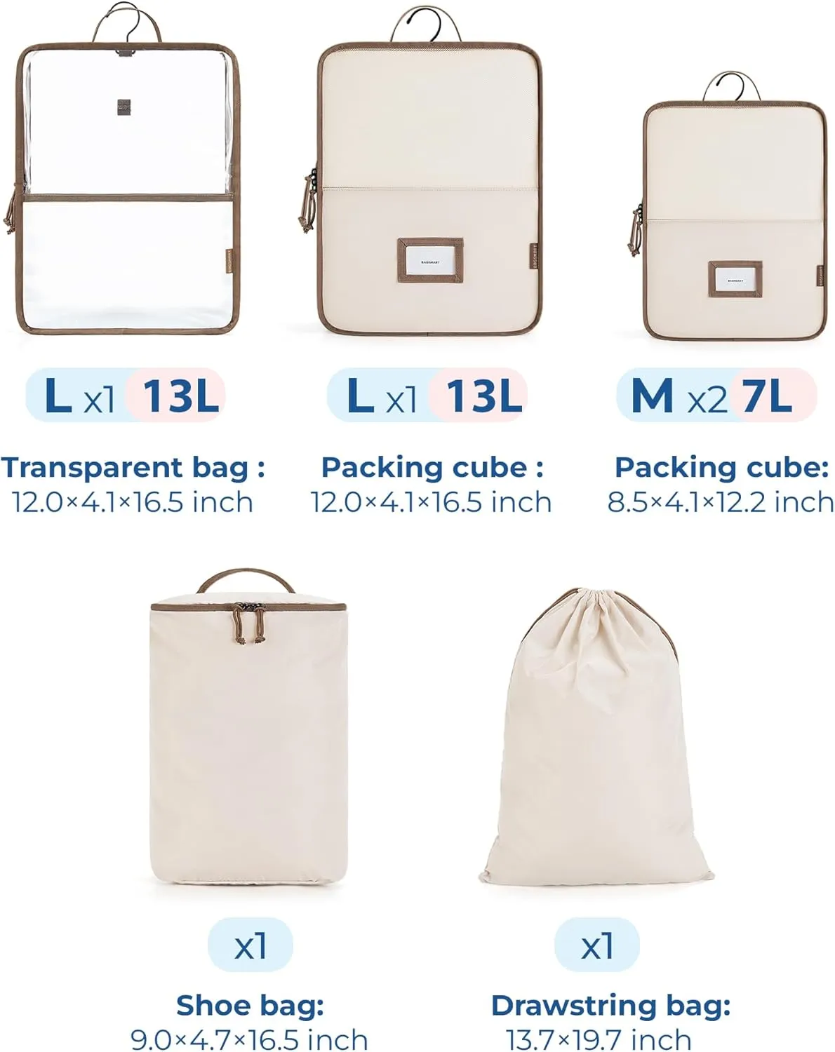 BAGSMART Hanging Packing Cubes for Travel, 6 Set Clear Waterproof Packing Cubes for Suitcases, Storage Organizer for Hanging Closet with Zipper, Handles and Hook Grey