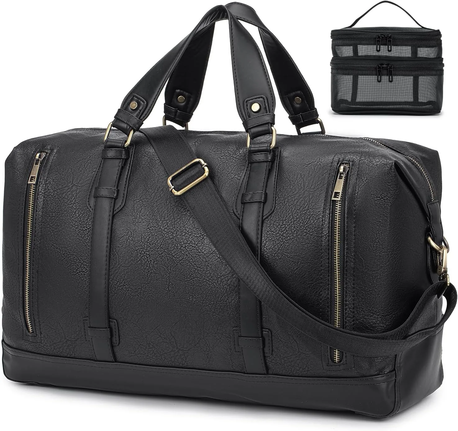BAGZY PU Leather Travel Duffel Bag with Toiletry Dopp Kit Large Capacity Weekender Bag 25L Carry on Overnight Bag Sports Duffel Bag for Men or Women Black