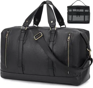 BAGZY PU Leather Travel Duffel Bag with Toiletry Dopp Kit Large Capacity Weekender Bag 25L Carry on Overnight Bag Sports Duffel Bag for Men or Women Black