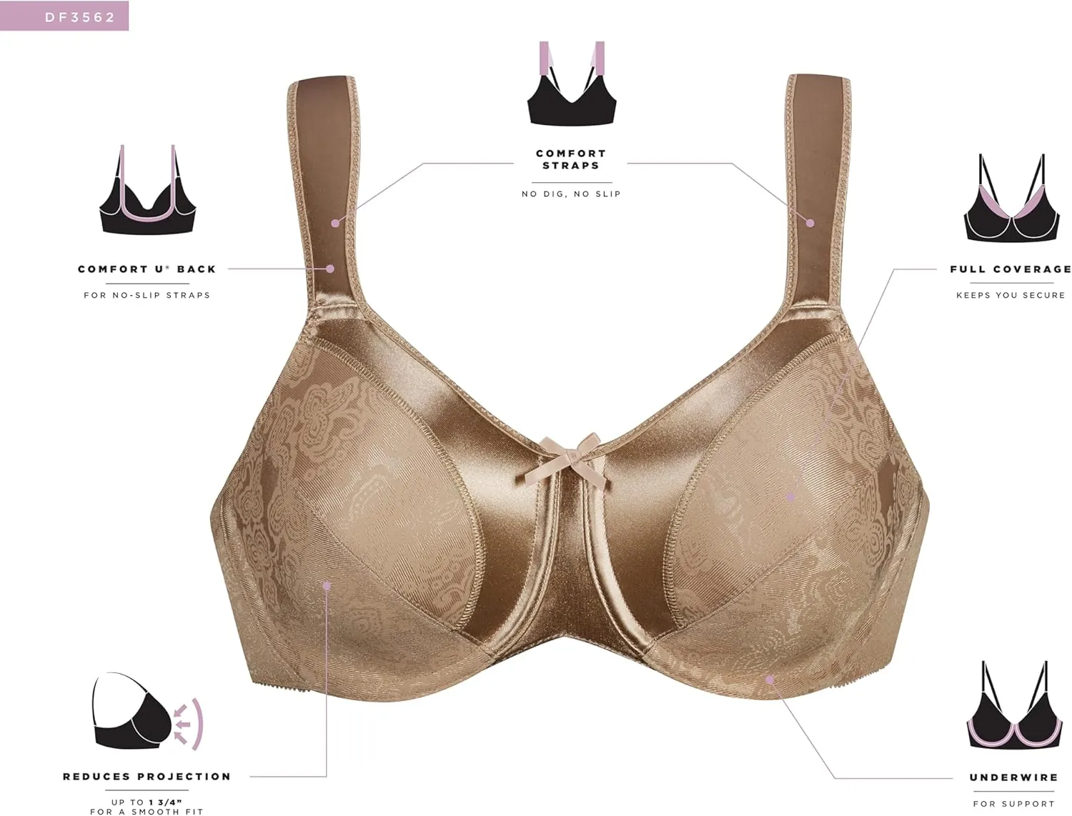 Bali Women's Minimizer Bra, Satin Tracings Underwire Bra, Bustline Slimmer, Full Coverage Bra