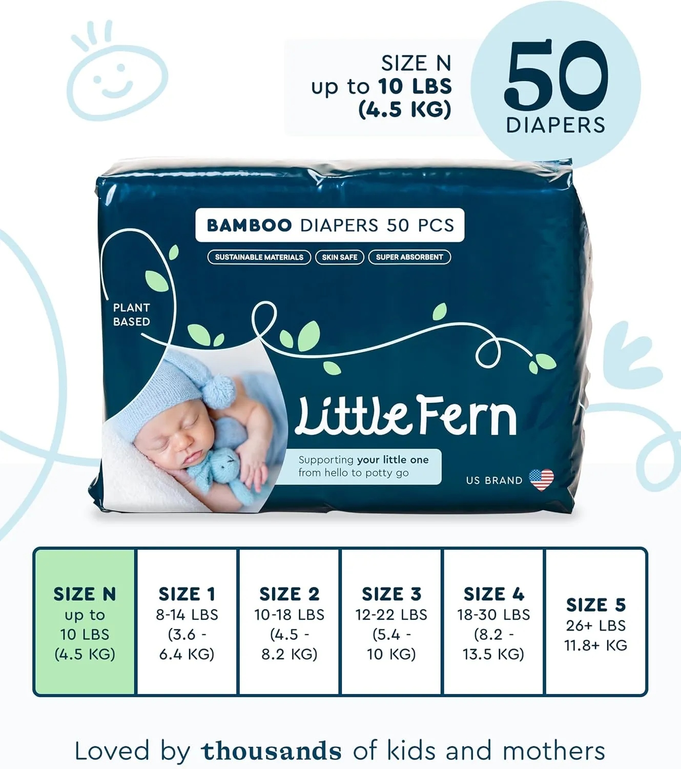 Bamboo Diapers Size N [up to 10lbs or 4.5kg] Extra Soft, Natural, Non Toxic, Hypoallergenic, Disposable Hyper Absorbent, Newborn Sensitive Baby Diapers 50 Pieces