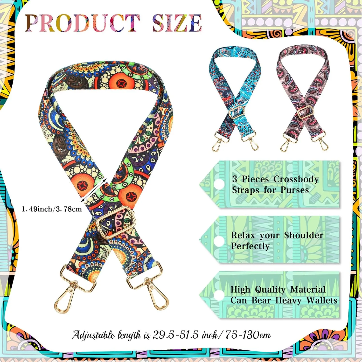 BBTO 3 Pcs Purse Straps for Handbags Replacement Wide Shoulder Adjustable Strap for Crossbody Bag Canvas Bag Women(Colorful)