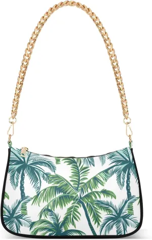 Beach Palm Tree Clutch Shoulder Bag for Women, Hobo Tote Handbag with Gold Chain, Crossbody Bag with Zipper Closure