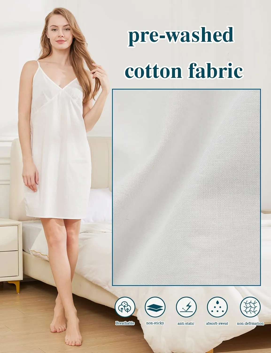 BEAUTELICATE Women 100% Dress Slip Cotton Slip Under Dress Above Knee Full Slip Adjustable Straps Nightgown