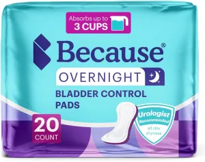 Because Incontinence Pads for Women - Extra Heavy Absorbency, Overnight Postpartum Incontinence Liners, 12hr Nighttime Leak-Free Protection, 20 Count