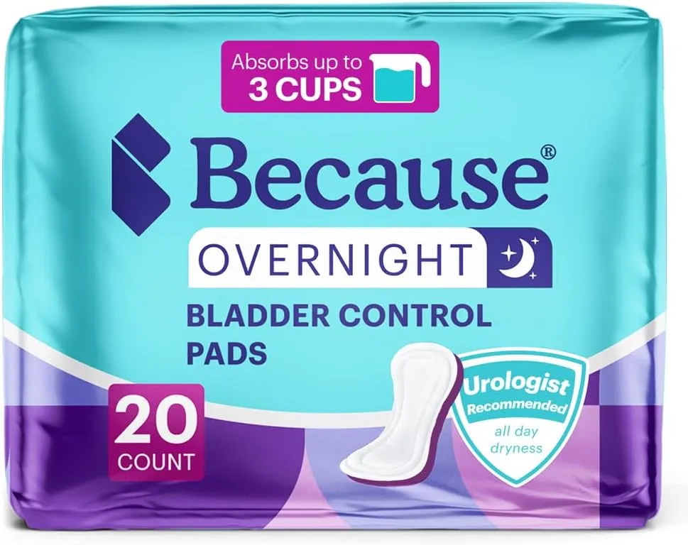 Because Incontinence Pads for Women - Extra Heavy Absorbency, Overnight Postpartum Incontinence Liners, 12hr Nighttime Leak-Free Protection, 20 Count